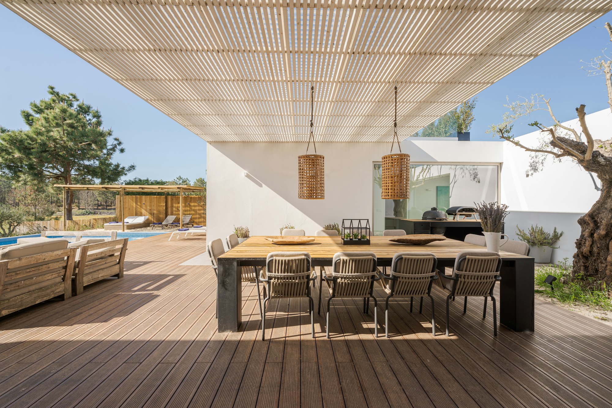 Modern villa with pool and deck with interior