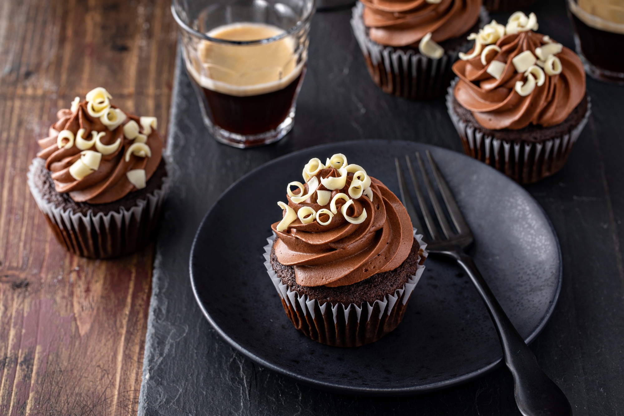 Dark chocolate coffee cupcakes with whipped coffee ganache frosting
