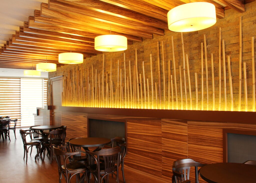 wooden decoration, modern cafe interior view