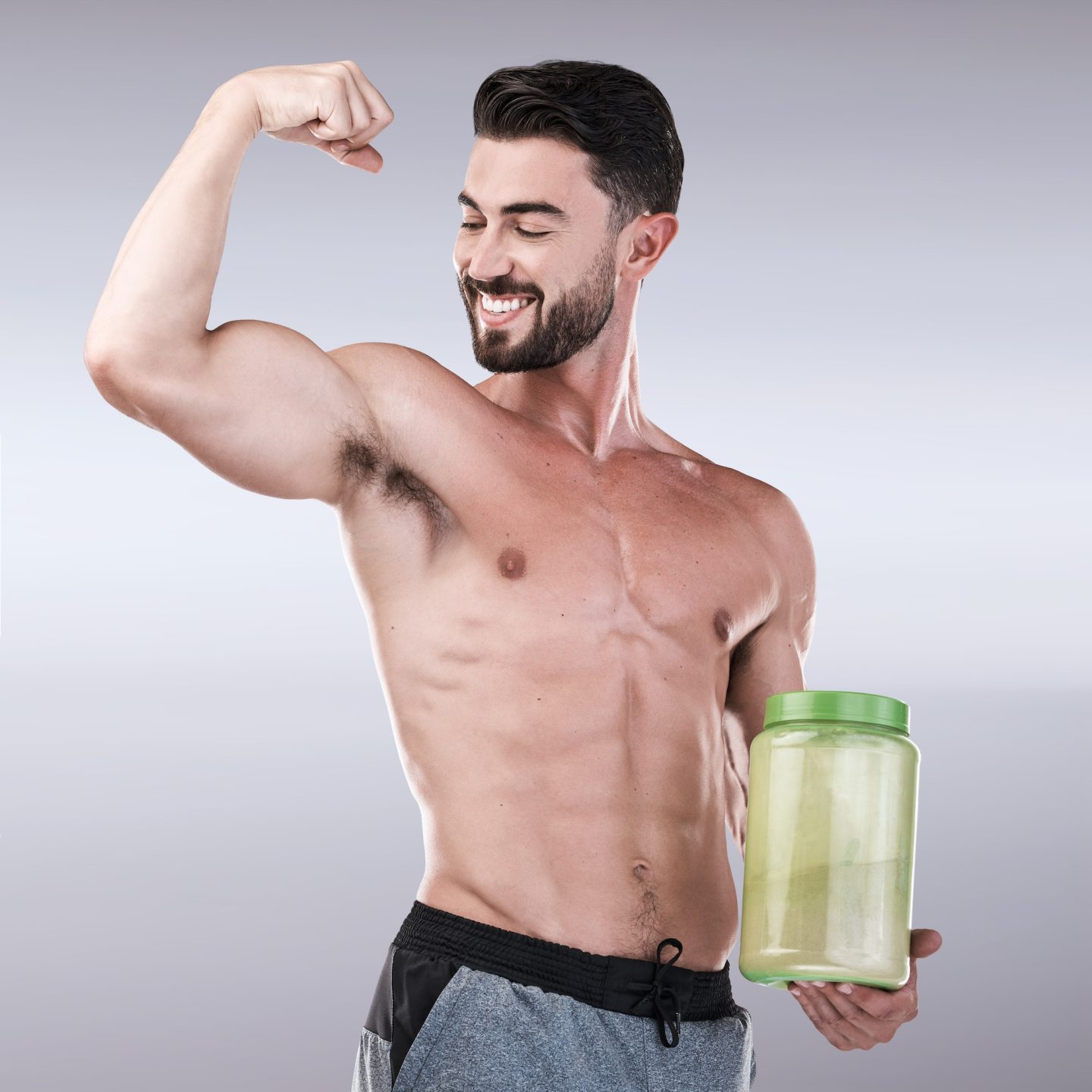 Protein shake, fitness and muscle with portrait of man for workout, health and bodybuilder. Diet, g