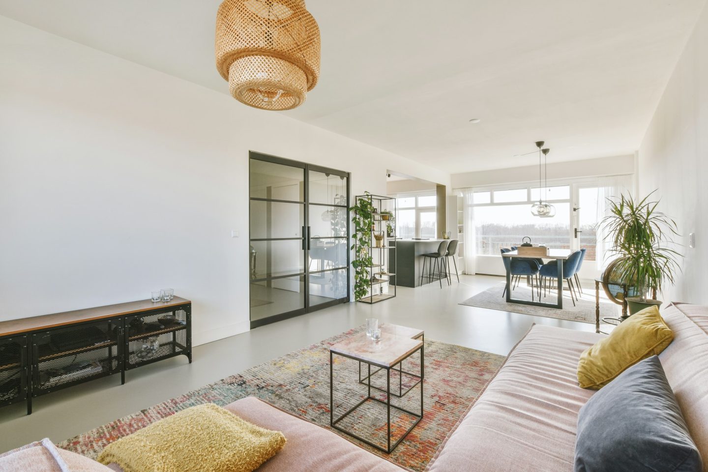 Luxury apartment living room with open kitchen