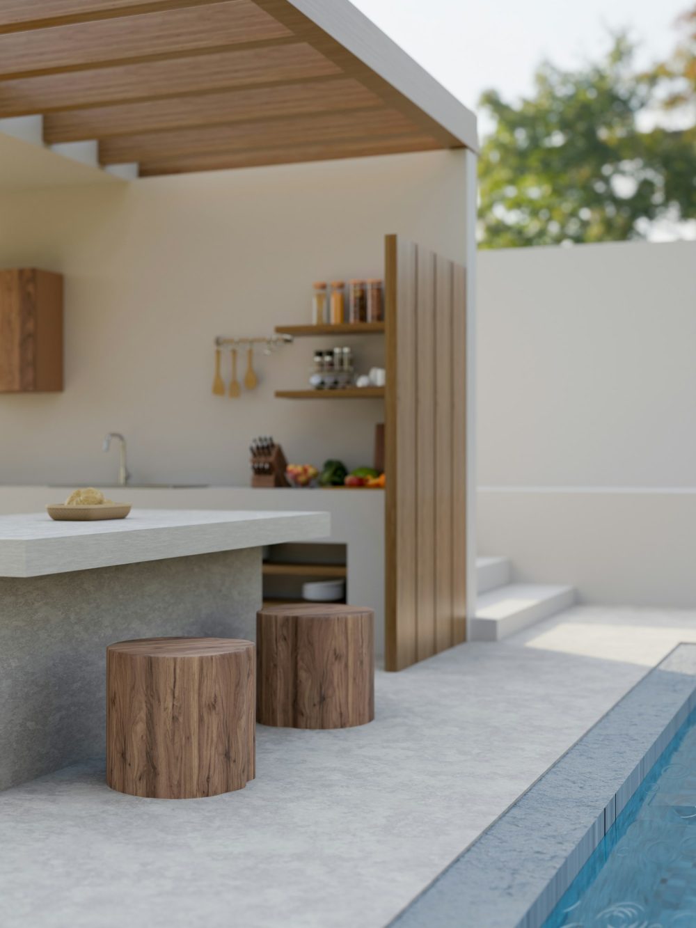 Modern contemporary pool villa exterior with swimming pool, outdoor kitchen cooking space