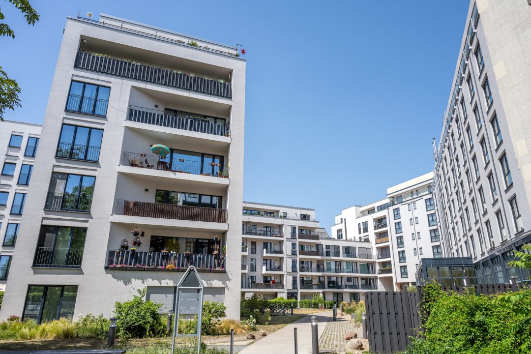 New apartment buildings in a housing development area