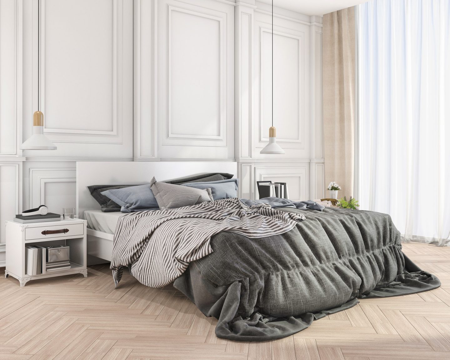 3d rendering blue soft classic bed in classic bedroom