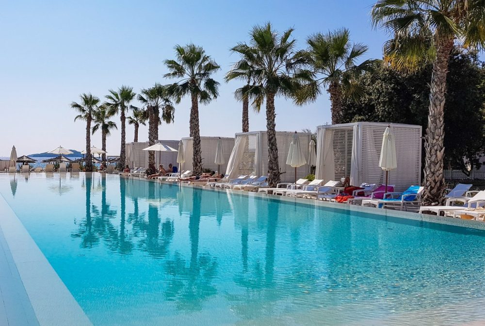 Swimming pool with palm trees in luxury spa and hotel resort in summer.