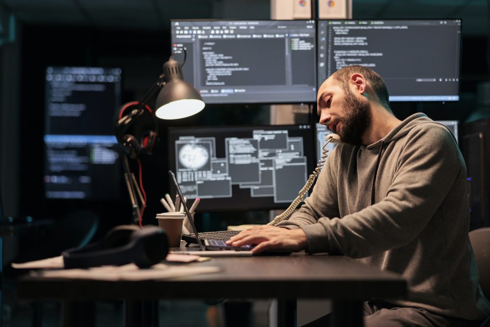 Software engineer talking on landline phone call