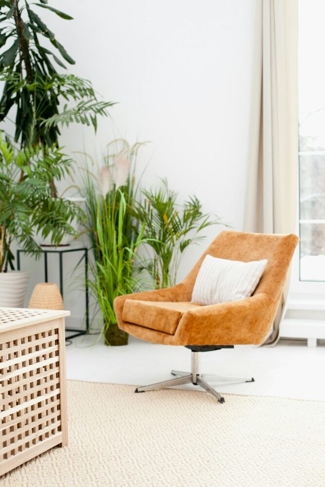 Cozy eco boho cozy brown chair, interior design, working from home, interior design, potted plants