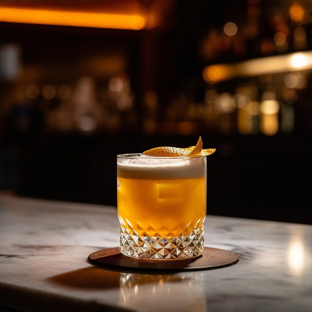 a closeup of an alcoholic drink at a bar