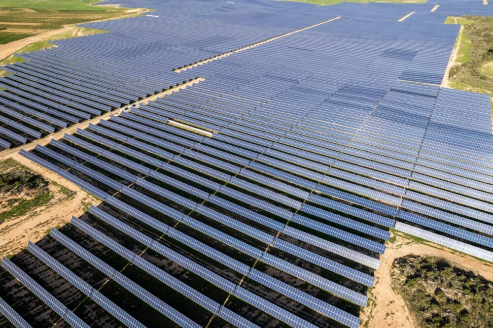 Solar energy farm. High angle, elevated view of solar panels on an energy farm