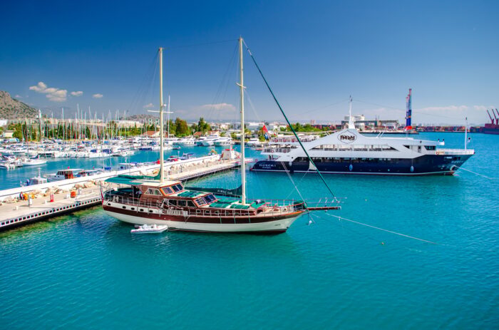 Yachts and boats in Turkish marina on Mediterranean Sea.