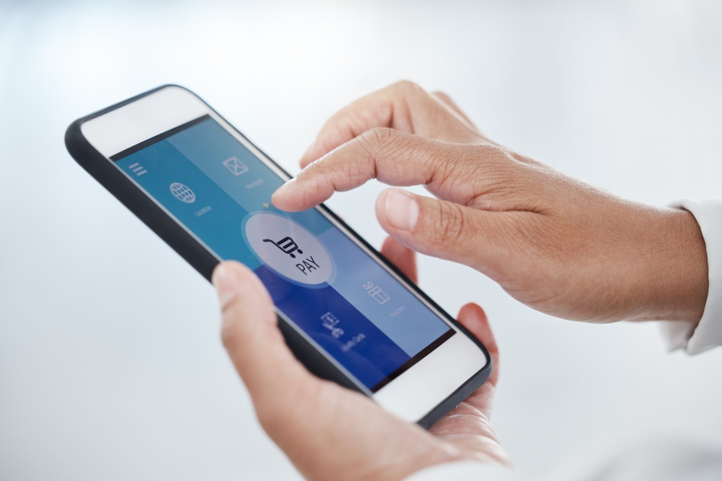 Smartphone, ecommerce and mobile app payment, fintech and digital store, money and banking, data or