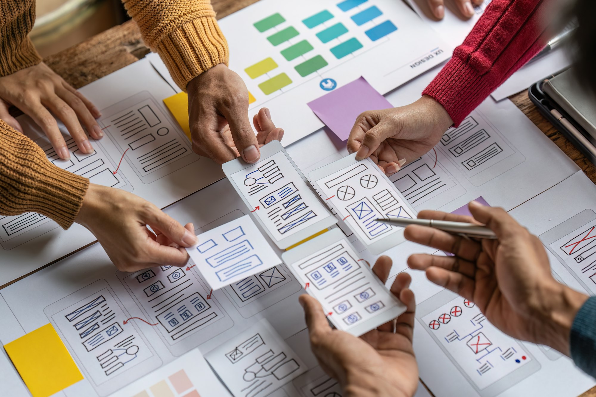 Group of ux developer and ui designer brainstorming about app interface design at modern office. Cre