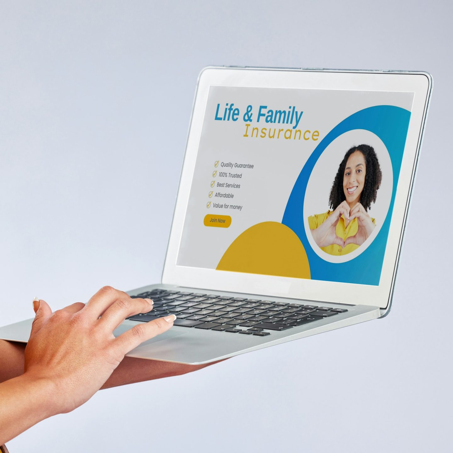 Laptop, insurance and website with a customer in studio on a gray background for life cover sign up